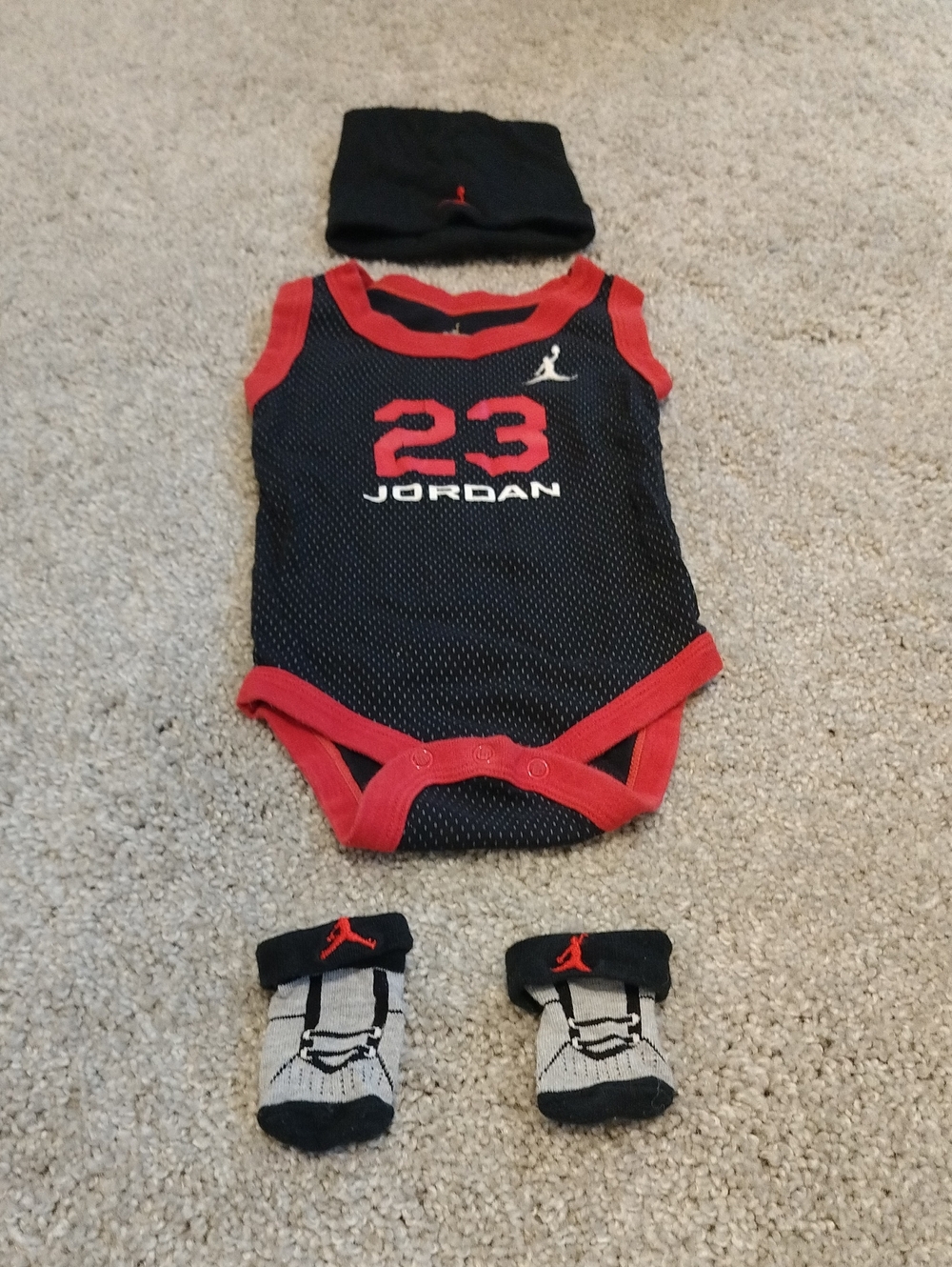 Jordan Black & Red '23' Mesh Baby One-Piece Bodysuit With Matching Hat & Socks